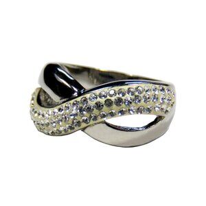 Inox Women's Polished Stainless Steel Cross Over Ring with CZ Accents